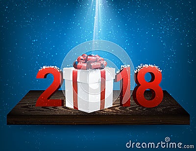 Blue 2018 background with gift box. Vector Illustration