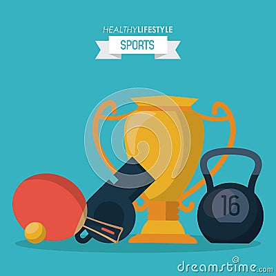 Blue background of healthy lifestyle sports with trophy and kettlebell and whistle and ping pong racket Vector Illustration