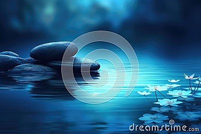 A blue background of a lake with stones and flowers. Calmness concept. Created with Generative AI Stock Photo
