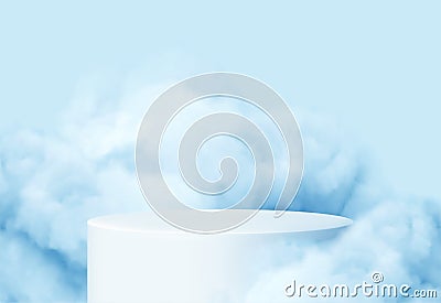 Blue background with a product podium surrounded by blue clouds. Smoke, fog, steam background. Vector illustration Vector Illustration