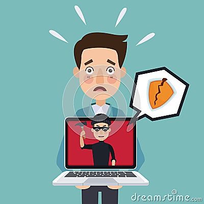 Blue background programmer man with laptop and thief man hacker attempting against security Vector Illustration