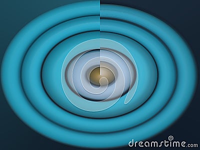 Blue background of spiral shaped with golden dot in the middle. Blue and white circle abstract backgrounds with split line. Stock Photo