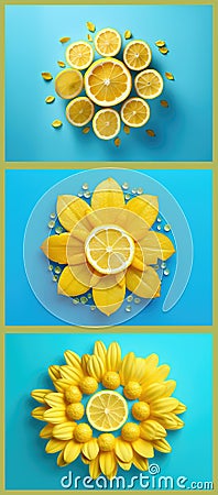 Blue background with three yellow flowers, each of which has slice of lemon placed in center. There are also several slices of Stock Photo