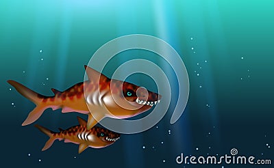 Blue background Tiger Sharks wild predator toothy, hungry and angry with big teeth. Small flock fish. Funny cant marine life Vector Illustration