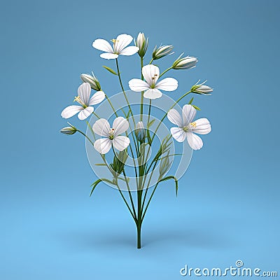 Blue background, with vase of white flowers in center. There are five white flowers arranged in vase, creating an Stock Photo
