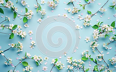 Blue Background With White Flowers and Green Leaves Stock Photo