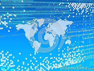 BLUE background with WHITE pixels AND WHITE WORLD MAP Stock Photo