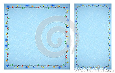 Blue backgrounds with lines of scratches on ice and frames of multi colored Christmas lights for garlands. Festive winter frosty Vector Illustration