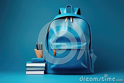 A blue backpack complements a stack of books, setting the perfect study scene, Stationery set with a knapsack on a blue background Stock Photo