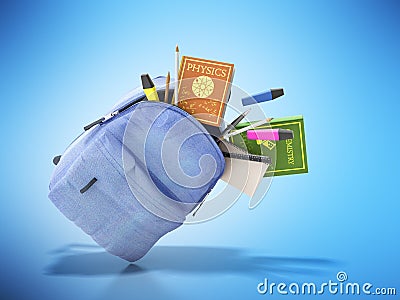 Blue backpack with school supplies 3d render on blue Stock Photo