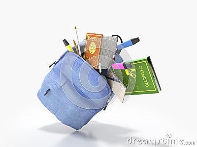 Blue backpack with school supplies 3d render on white Stock Photo