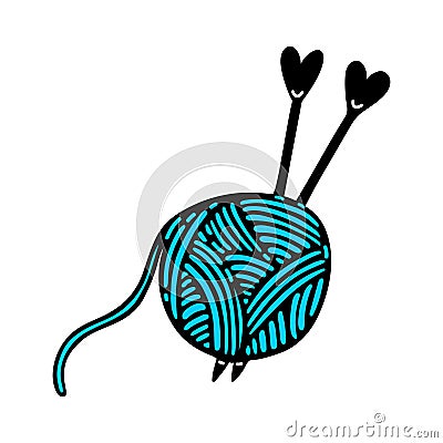 Blue ball of thread with knitting needles. Soft wool yarn - mohair, merino with needlework tools Vector Illustration