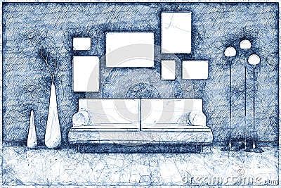 blue ballpoint pen doodle room with a sofa Cartoon Illustration
