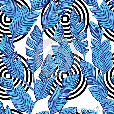 Blue banana leaves seamless circle background Vector Illustration