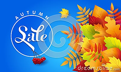 Blue banner for autumn sale with autumn leaves Vector Illustration