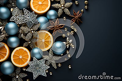 Blue banner with beautiful Christmas decorations, festive design with tangerines with place for text Stock Photo