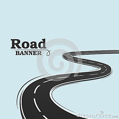 Blue banner, long road. Winding road on a blue background. Vector Illustration