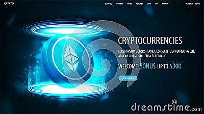 Blue banner for website with offer and 3D coin of Ethereum in blue digital hologram of podium Vector Illustration