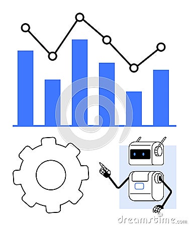 Data Analysis with AI Robot, Graph, and Gear for Technology and Automation Concepts Vector Illustration