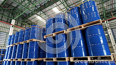 Blue barrel 200 liter chemical drums are stacked on wooden pallets inside the warehouse awaiting delivery. Concept of Chemical Stock Photo