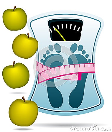 Blue bathroom scale with green apples. Vector Illustration