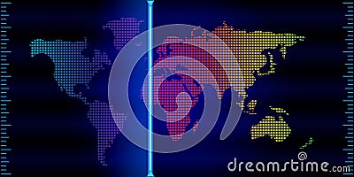 Blue beam of scanner checks world map. Futuristic interface scanner. Radar scan technology. Abstract background Vector Illustration