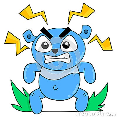 The blue bear with a stifled angry face gave off electricity. doodle icon image kawaii Vector Illustration