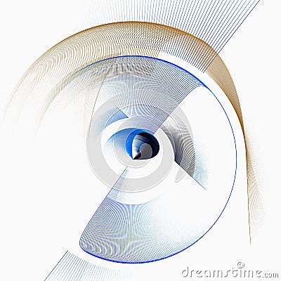 The blue, beige and black blades of the abstract fan are curved differently and rotate around the center. Cartoon Illustration