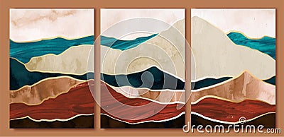 Blue, beige, brown earth tones and gold mountain, hills, sea wall art triptych. Abstract landscape collage Vector Illustration