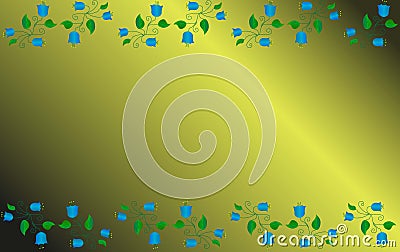 Blue bells with green leaves and curls on a gold background Vector Illustration