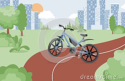 Blue bicycle in urban park vector flat illustration. Sport bike, modern personal transport in a city park. Vector Illustration