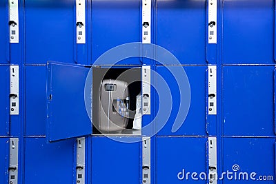 Blue big locker at the train station for bag or suitcase. Stock Photo
