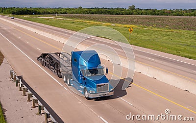 Blue Big Rig Semi Truck Car Hauler Highway Transportation Stock Photo