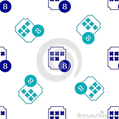 Blue Bingo or lottery ball on bingo card with lucky numbers icon isolated seamless pattern on white background. Vector Vector Illustration