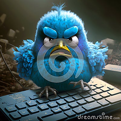 Blue bird angry with negative tweets. Generative AI Stock Photo