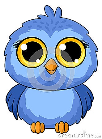 Blue bird cartoon character. Funny owlet mascot Vector Illustration