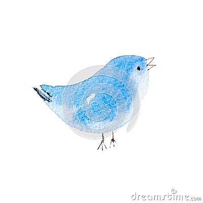 Blue bird hand drawn watercolor aquarelle illustration. Cartoon Illustration