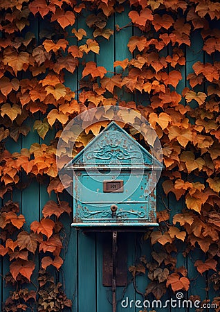 a blue bird house on a wall covered in leaves Stock Photo