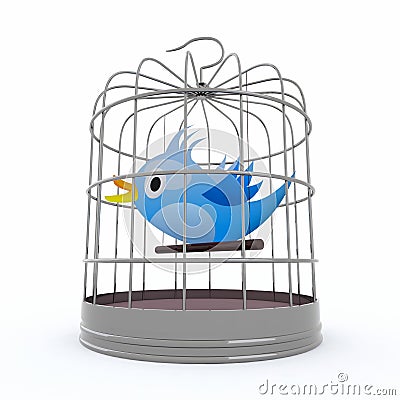 Blue bird inside the cage that chirps Cartoon Illustration