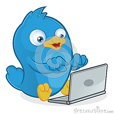 Blue Bird with Laptop Vector Illustration