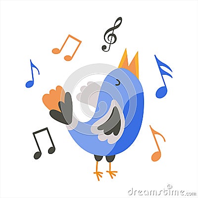 The blue bird sings a melody, notes around. Cute little singing bird. Flat clip-art illustration Vector Illustration