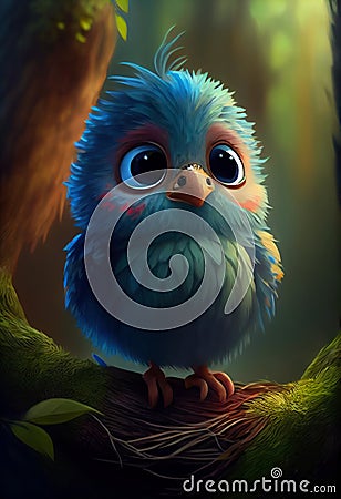 The blue bird on the top branch is a trend portrait of a cute monster with big, intelligent eyes. It's a fluffy, stylized Stock Photo