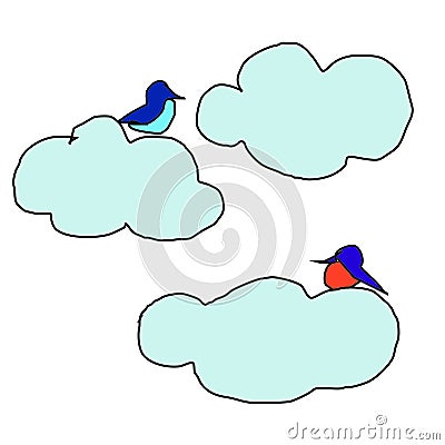 2 Blue Birds Sitting on Light Blue Clouds Stock Photo