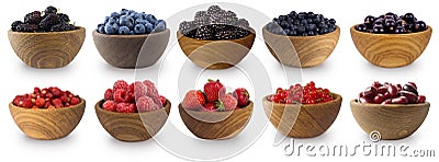 Blue-black and red fruits and berries solated on white. Sweet and juicy berry with copy space for text. Mulberries, blueberries, b Stock Photo