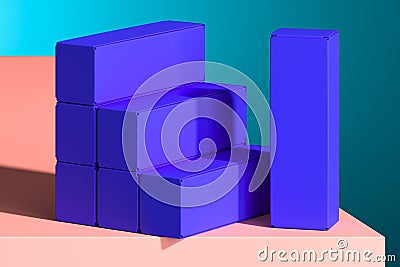 Blue Blank Cardboard Boxes on Salmon Color Pedestal. 3d Rendering. Empty space. Copy space. Minimalism Concept. Stock Photo