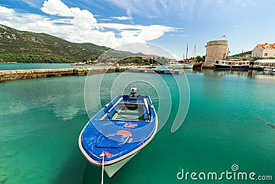 Blue boat in the port in Mali Ston in Croatia Stock Photo