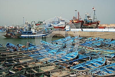 Blue boats in Essaouira port Stock Photo