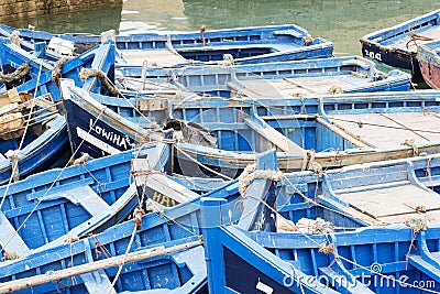 Blue boats, port, Essaouira, Morocco Editorial Stock Photo