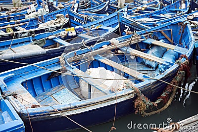 Blue boats, port, Essaouira, Morocco Editorial Stock Photo