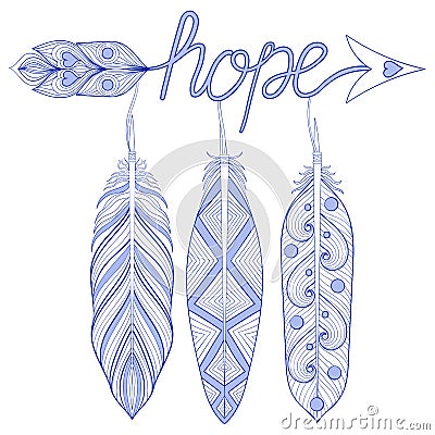 Blue Bohemian Arrow, Hope Amulet with henna feathers. Decorative Vector Illustration